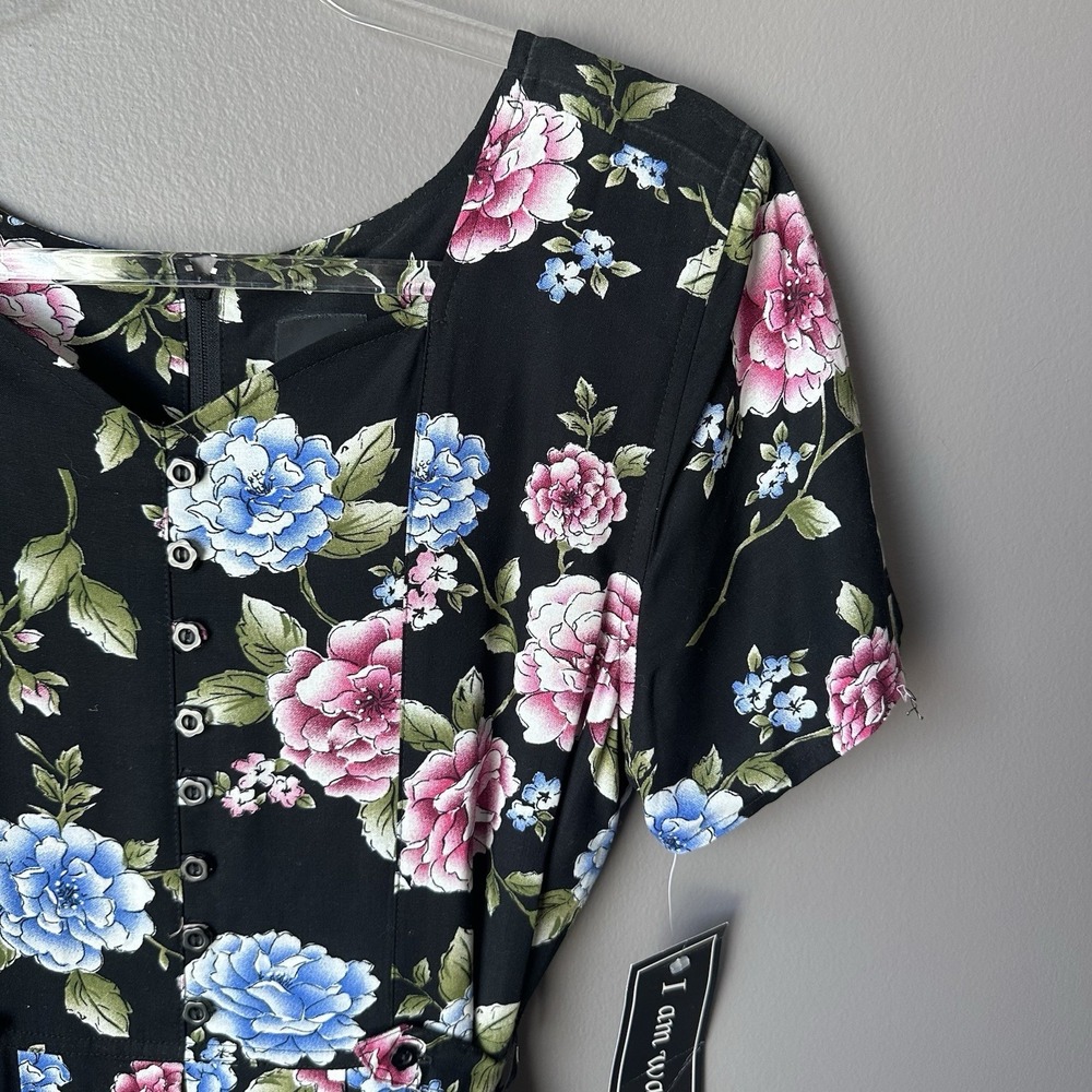 Vintage Erika Maxi Dress Women's Small Black Floral Print Tie Waist 90s Mom NWT - Picture 6 of 14